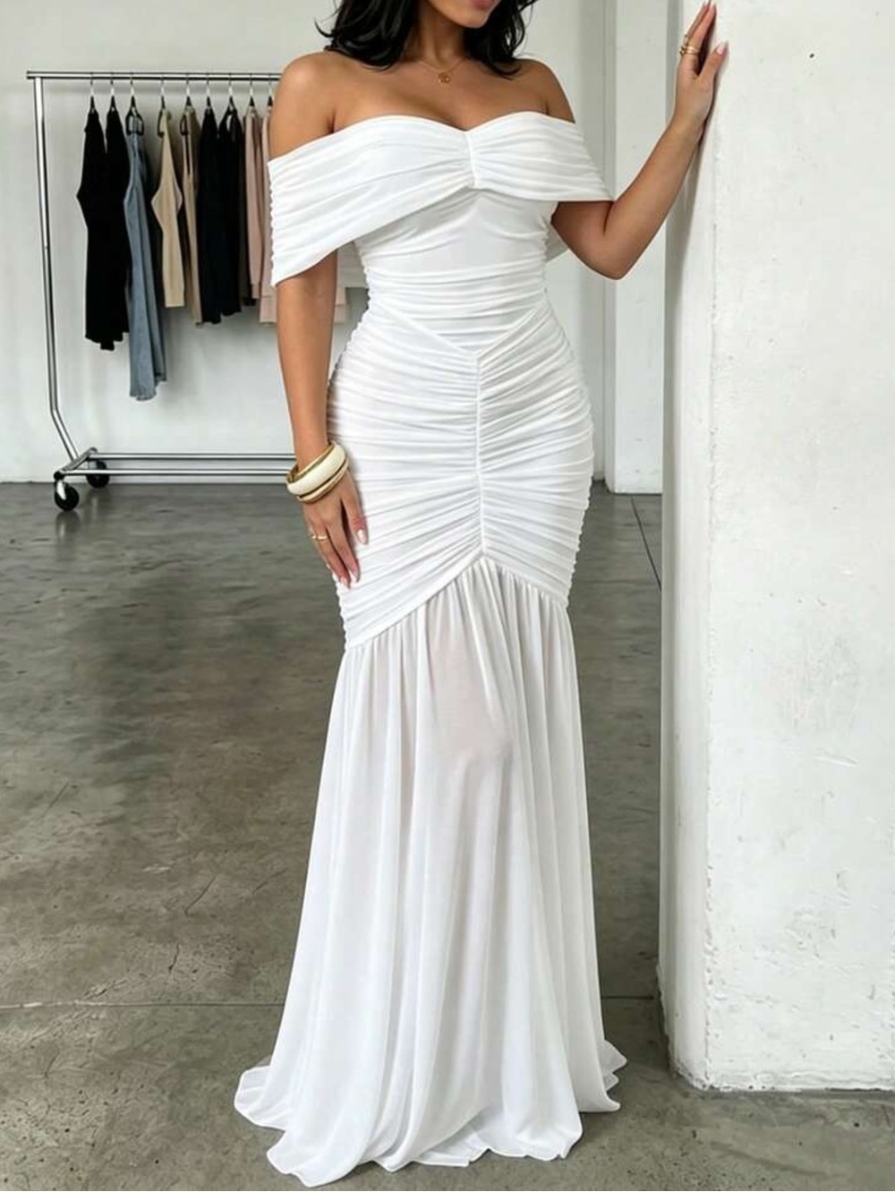 Off-Shoulder White Ruched Maxi Dress